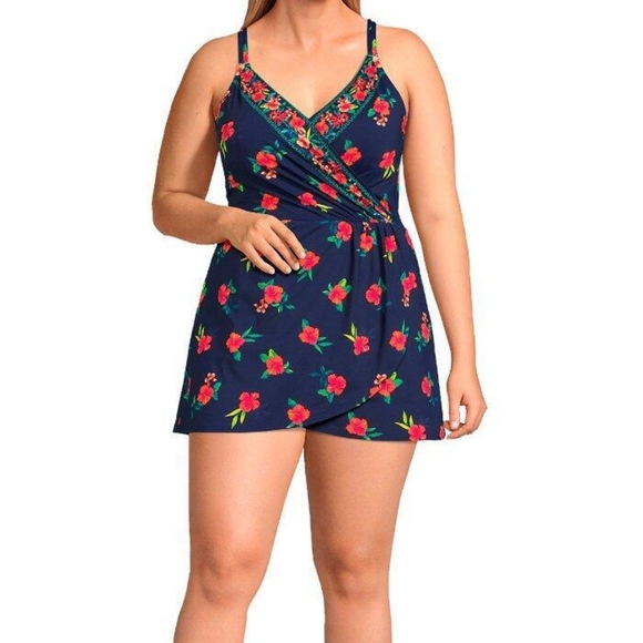 Lands End Tulip Hem Swim Dress Navy Floral - Picture 2 of 4